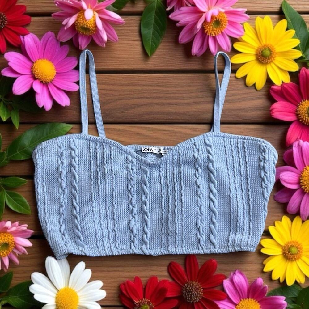 Zara Crop Tank Size Medium Light Blue Cable Knit Sweetheart Coquette Knit Top